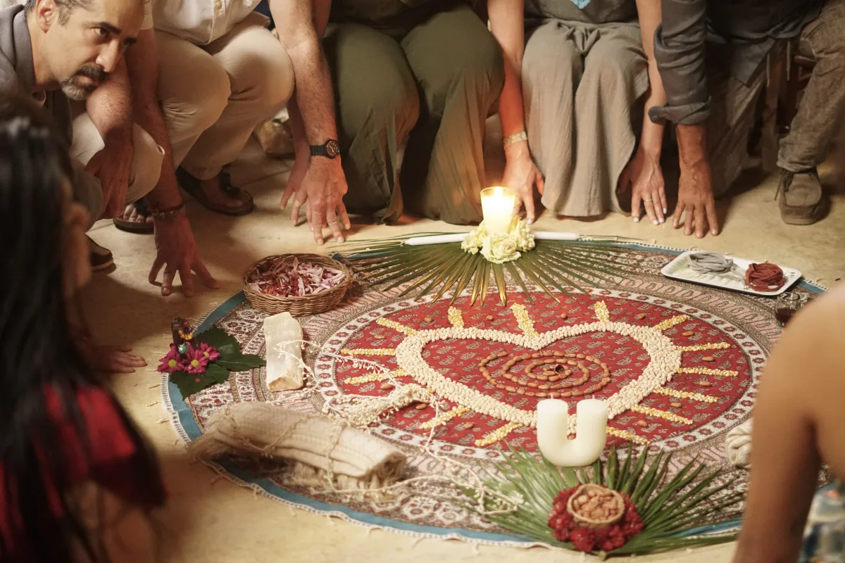 Aerial view of the corn seed mandala laid out for the ceremony at Casa Arkaana