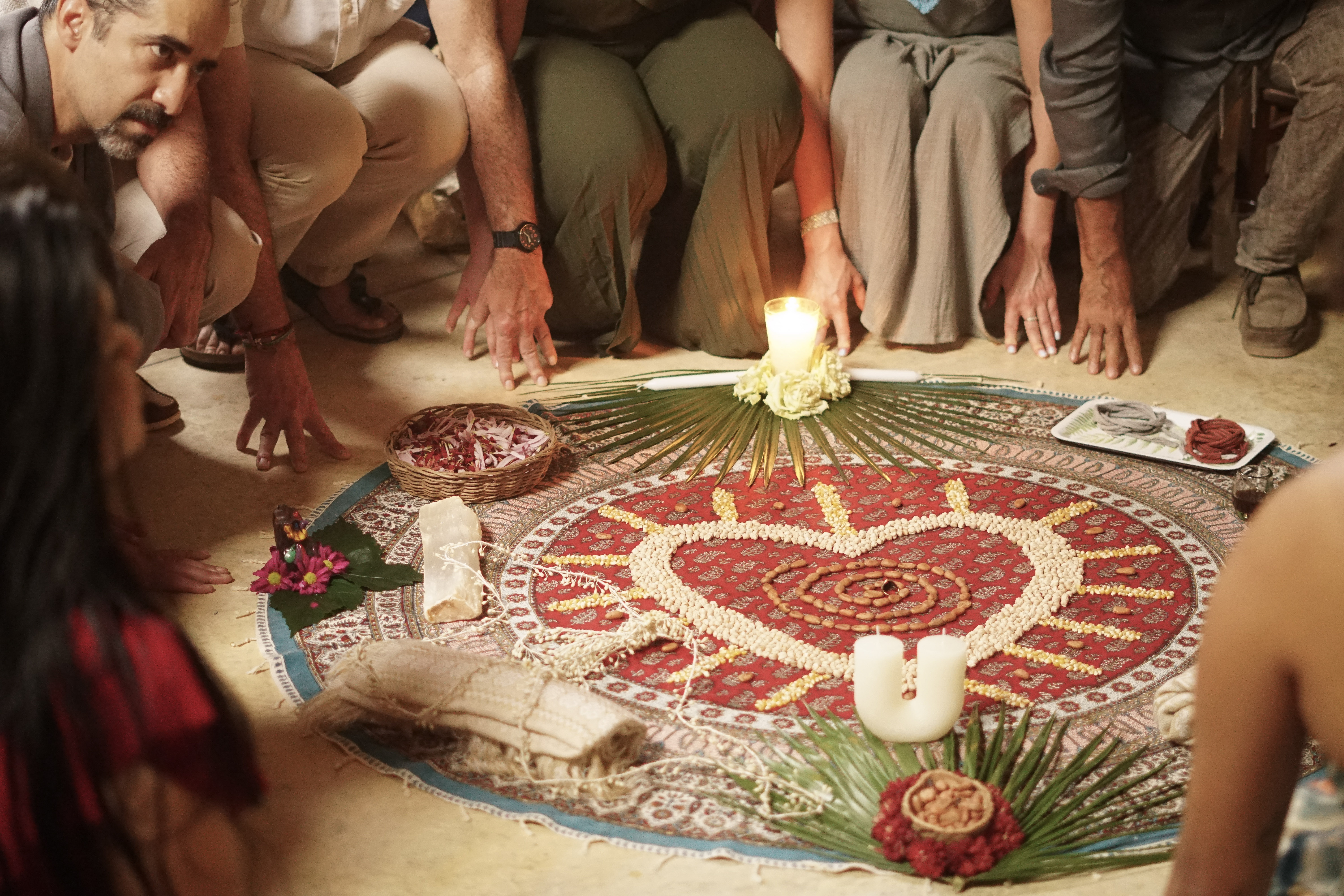 Aerial view of the corn seed mandala laid out for the ceremony at Casa Arkaana