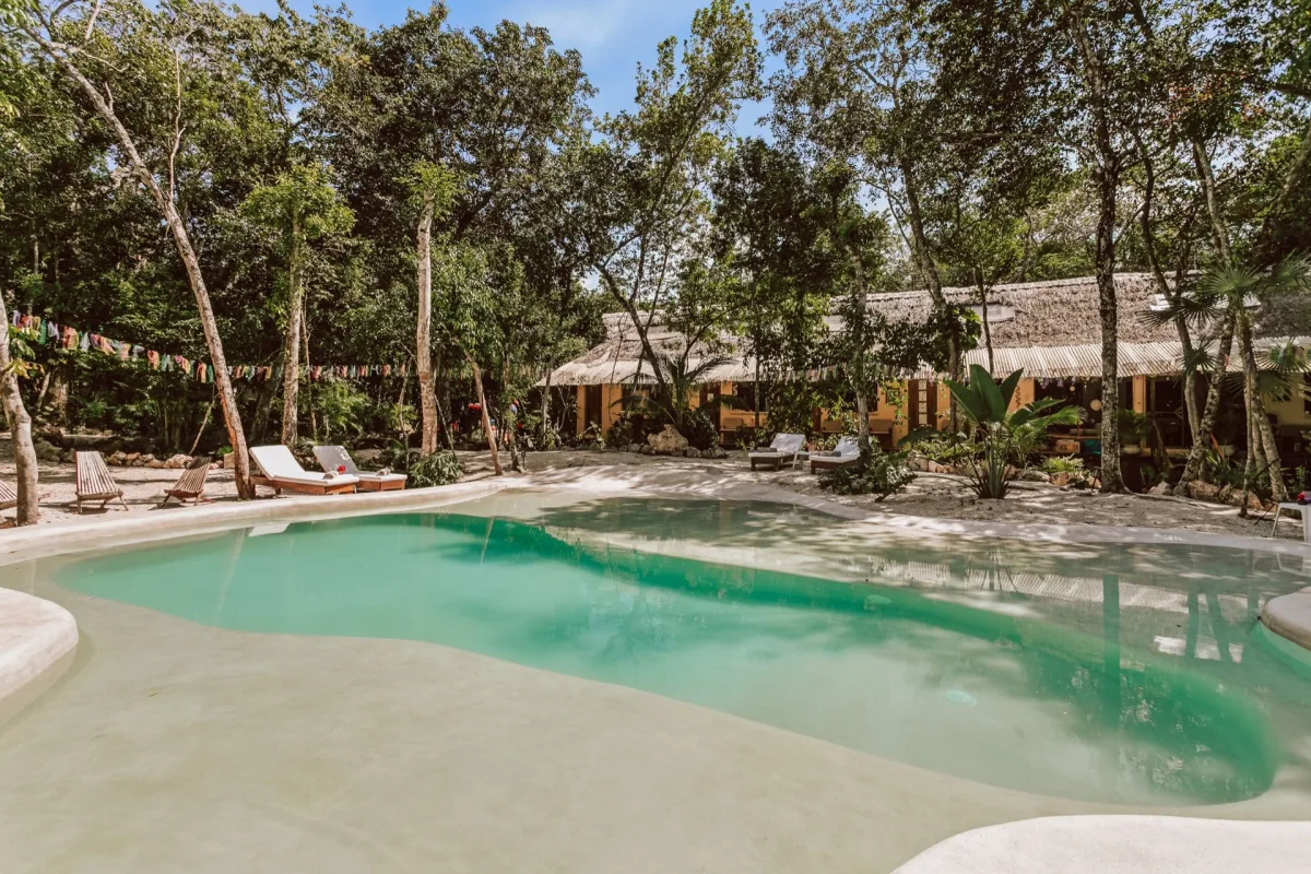 The cenote-fed pool at Casa Arkaana surrounded by jungle