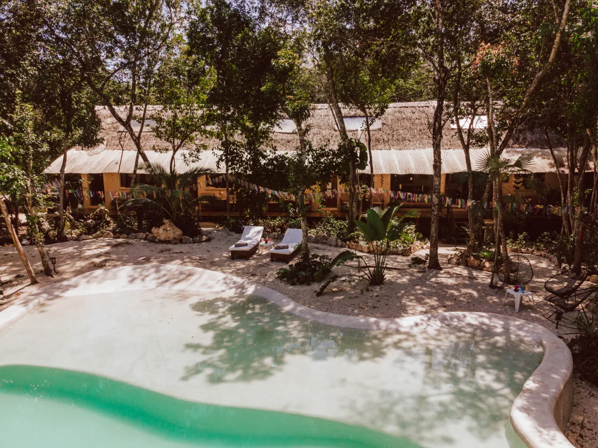 Aerial view of the cenote-fed pool nestled within the jungle canopy at Casa Arkaana